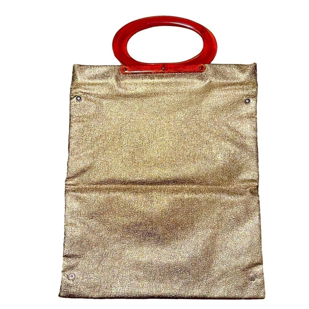 Vintage 60s Large Gold Metallic Tote Bag Clutch Purse With Orange Lucite Handles - Picture 4 of 10